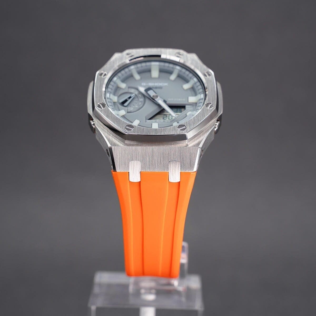 Casioak Mod Watch Silver Case Orange Rubber Strap Gray Luminous Time Mark Gray Dial 44mm - Casioak Studio