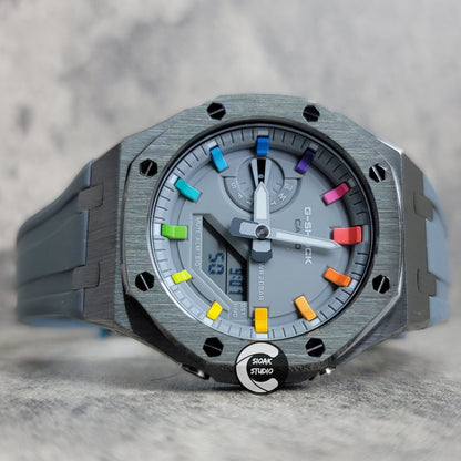 Casioak Mod Watch Grey Case Gray Rubber Strap Gray Rainbow Time Mark Gray Dial 44mm - Casioak Studio