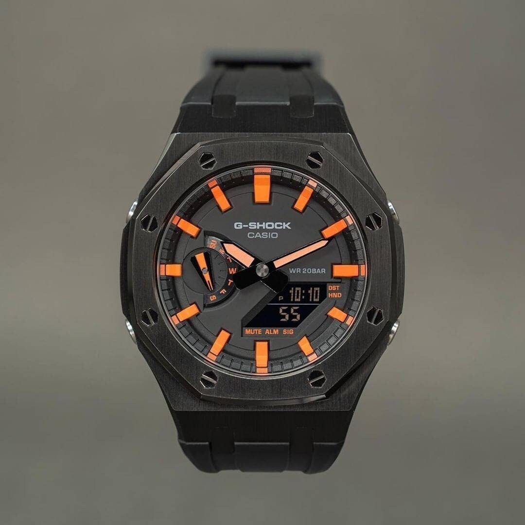 Casioak Mod Watch Black Case Black Rubber Strap Black Orange Time Mark Black Dial 44 mm - Casioak Studio