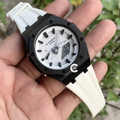 Casioak Mod Watch Black Case White Rubber Strap white Black Time Mark White Dial 44mm - Casioak Studio