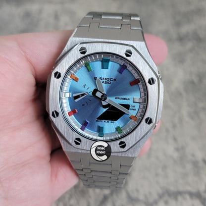 Casioak Mod Watch Silver Case Metal Strap Silver Metalliv Rainbow Time Mark Ice  Blue Dial 44mm - Casioak Studio