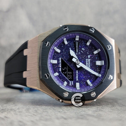 Casioak Mod Watch Black Rose Gold Case Black Rubber Strap Purple Silver Time Mark Purple Dial 44mm     Christ - Casioak Studio