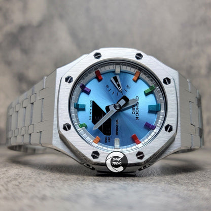 Casioak Mod Watch Silver Case Metal Strap Silver Metalliv Rainbow Time Mark Ice  Blue Dial 44mm - Casioak Studio