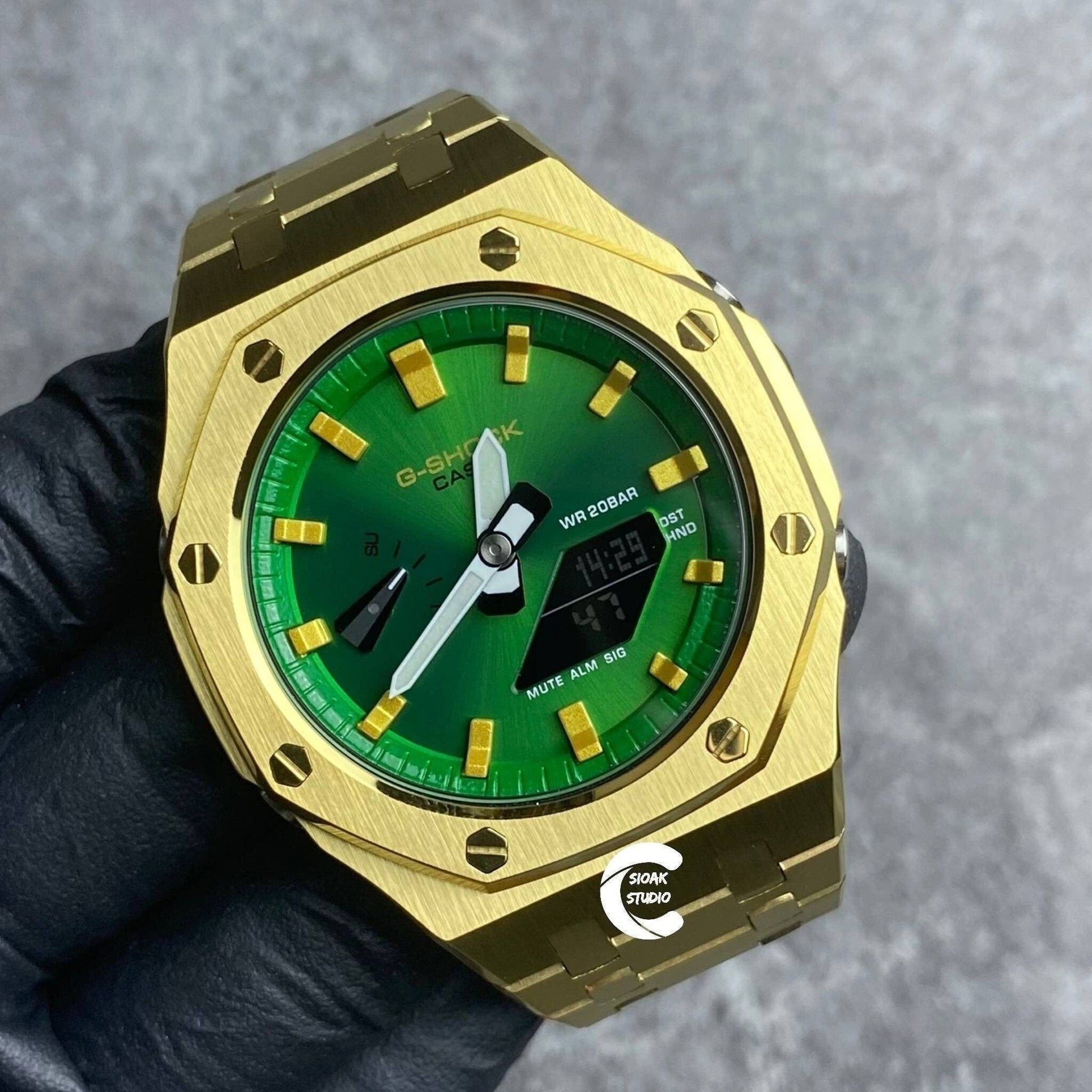 Casioak Mod Watch Gold Case Metal Strap  Green Gold Time Mark  Green Dial 44mm - Casioak Studio