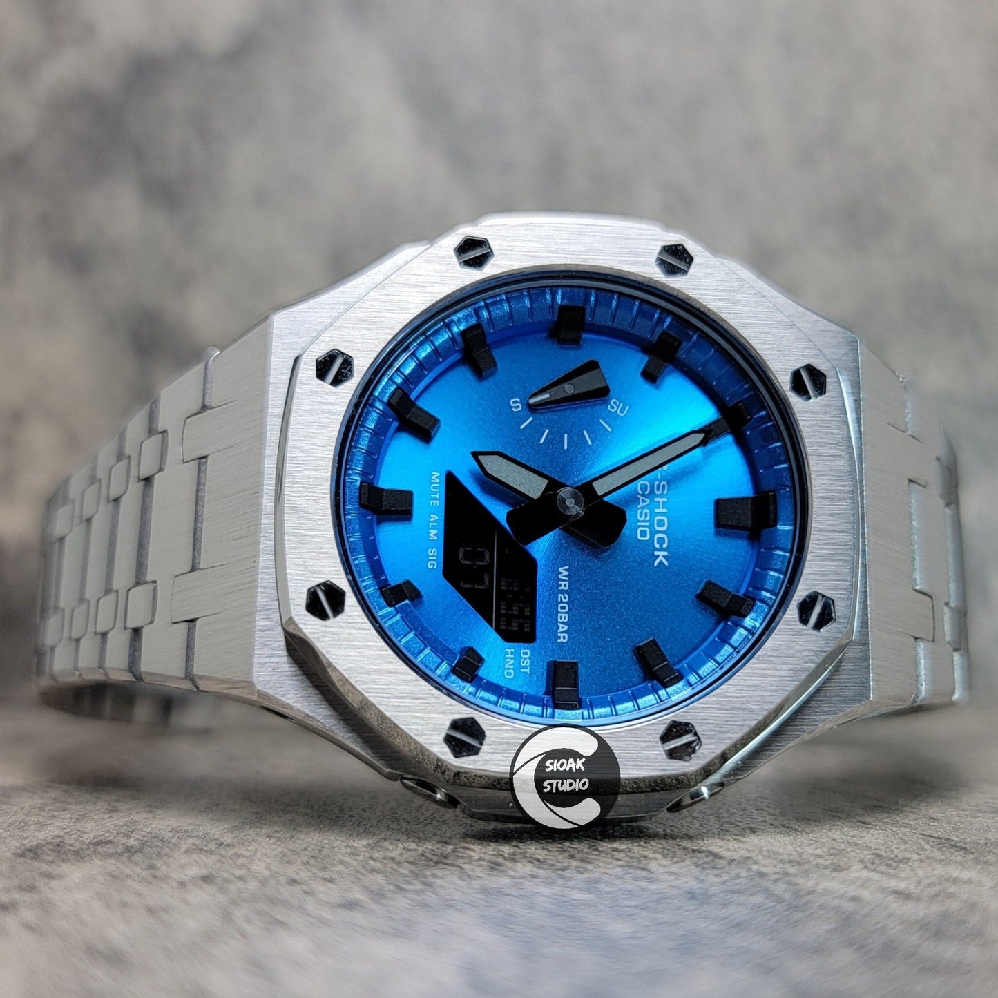 Casioak Mod Watch Silver Case Metal Strap Blue Black Time Mark Metallic Blue Dial 44mm - Casioak Studio