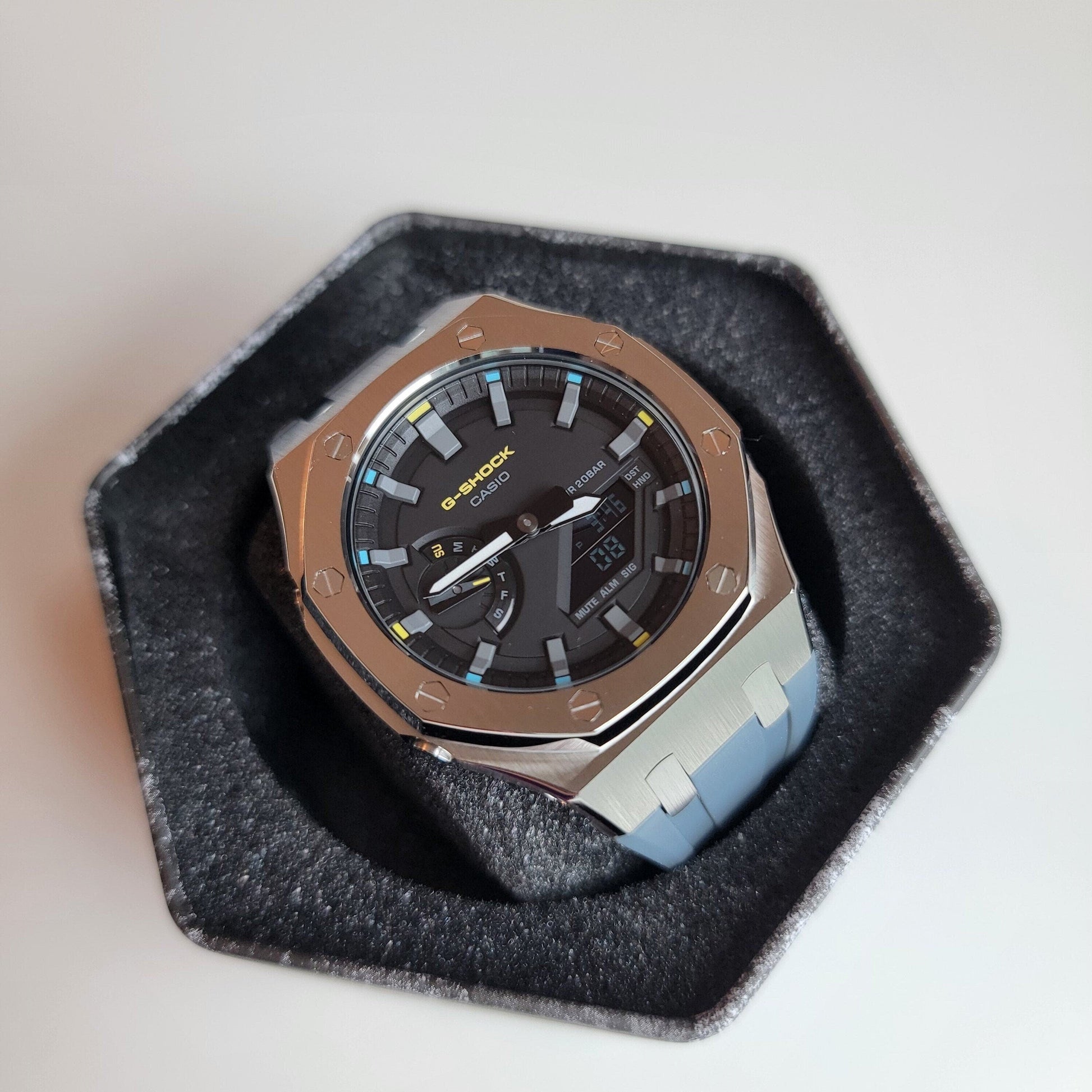 Casioak Mod Watch Silver Case Gray Rubber Strap Black Gray Time Mark Black Dial 44mm - Casioak Studio