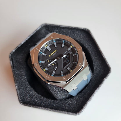 Casioak Mod Watch Silver Case Gray Rubber Strap Black Gray Time Mark Black Dial 44mm - Casioak Studio