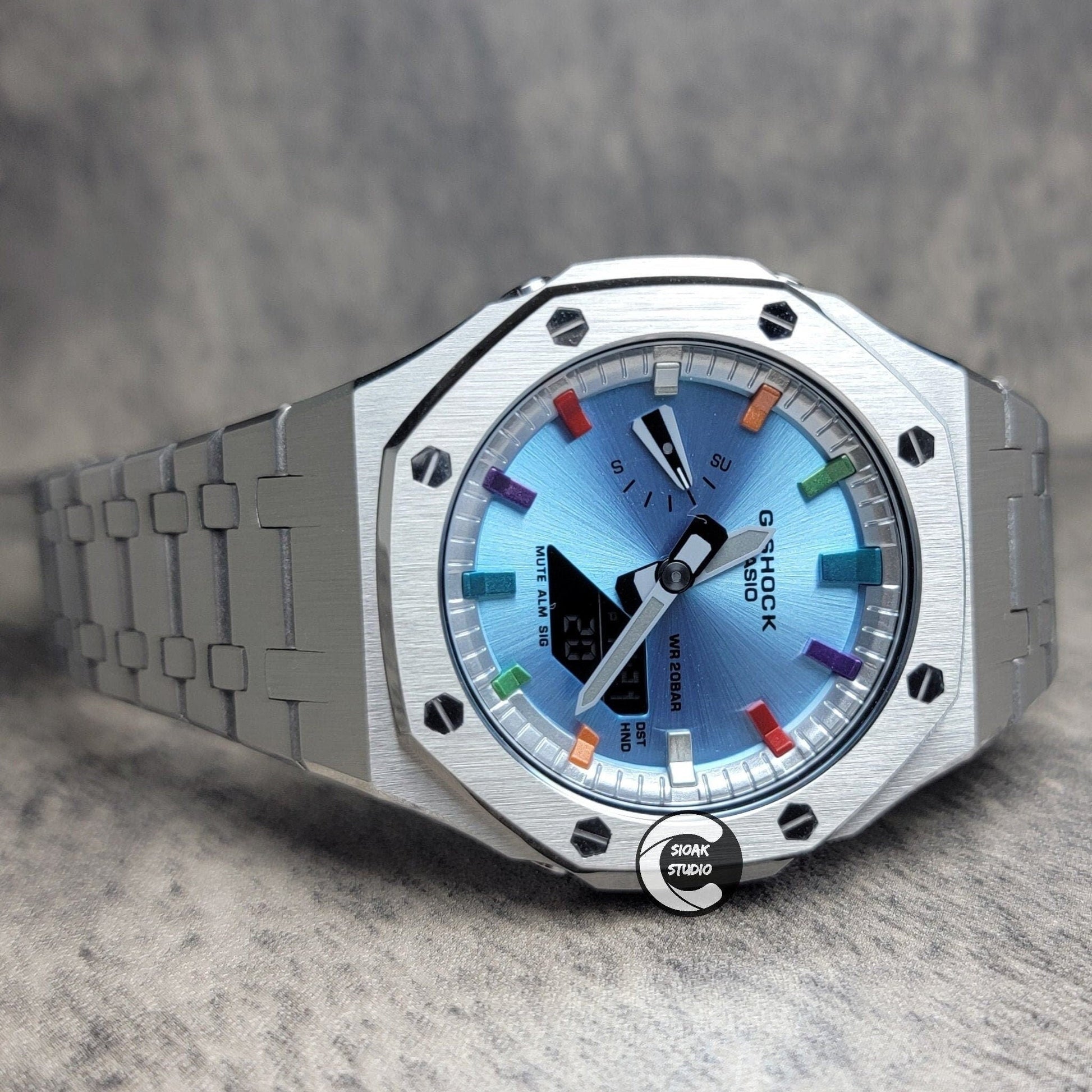 Casioak Mod Watch Silver Case Metal Strap Silver Metalliv Rainbow Time Mark Ice  Blue Dial 44mm - Casioak Studio