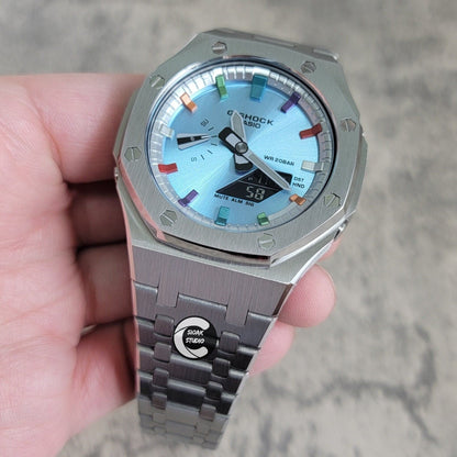 Casioak Mod Watch Silver Case Metal Strap Silver Metalliv Rainbow Time Mark Ice  Blue Dial 44mm - Casioak Studio