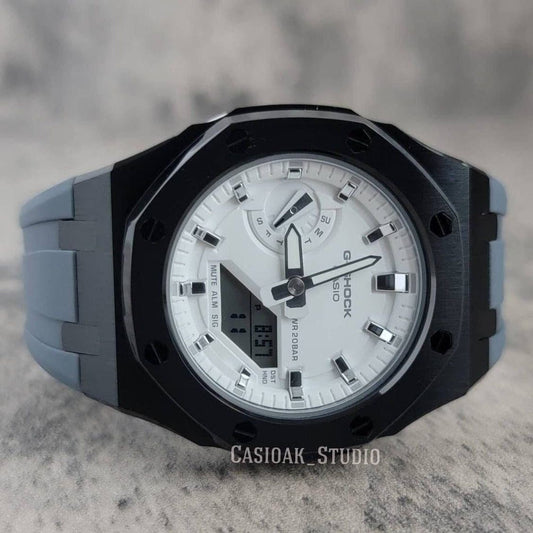 Casioak Mod Watch Black Case Gray Rubber Strap White Silver Time Mark White Dial 42mm - Casioak Studio