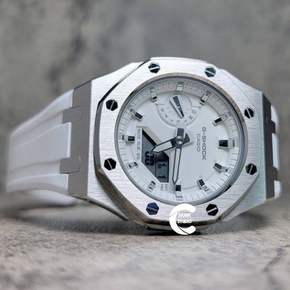 Casioak Mod Watch Silver Case White Rubber Strap White Silver Time Mark White Dial 42mm - Casioak Studio