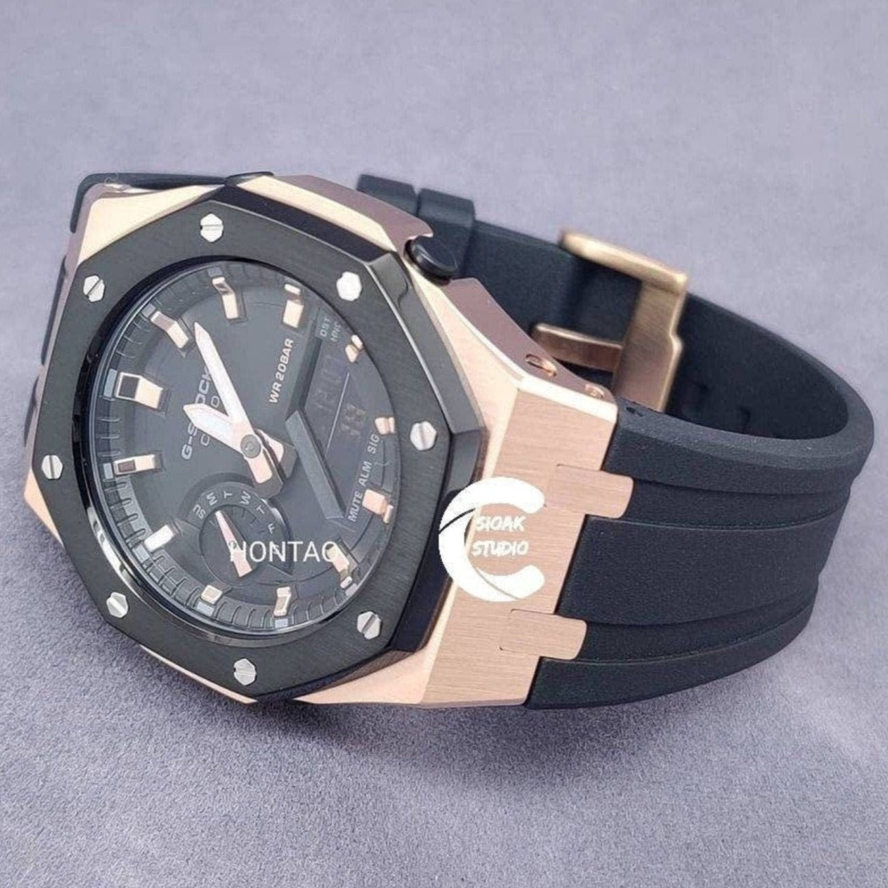 Casioak Mod Watch Black Rose Gold Case Black Rubber Strap Black Rose Gold Time Mark Black Dial 44mm - Casioak Studio