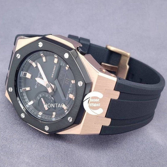 Casioak Mod Watch Black Rose Gold Case Black Rubber Strap Black Rose Gold Time Mark Black Dial 44mm - Casioak Studio