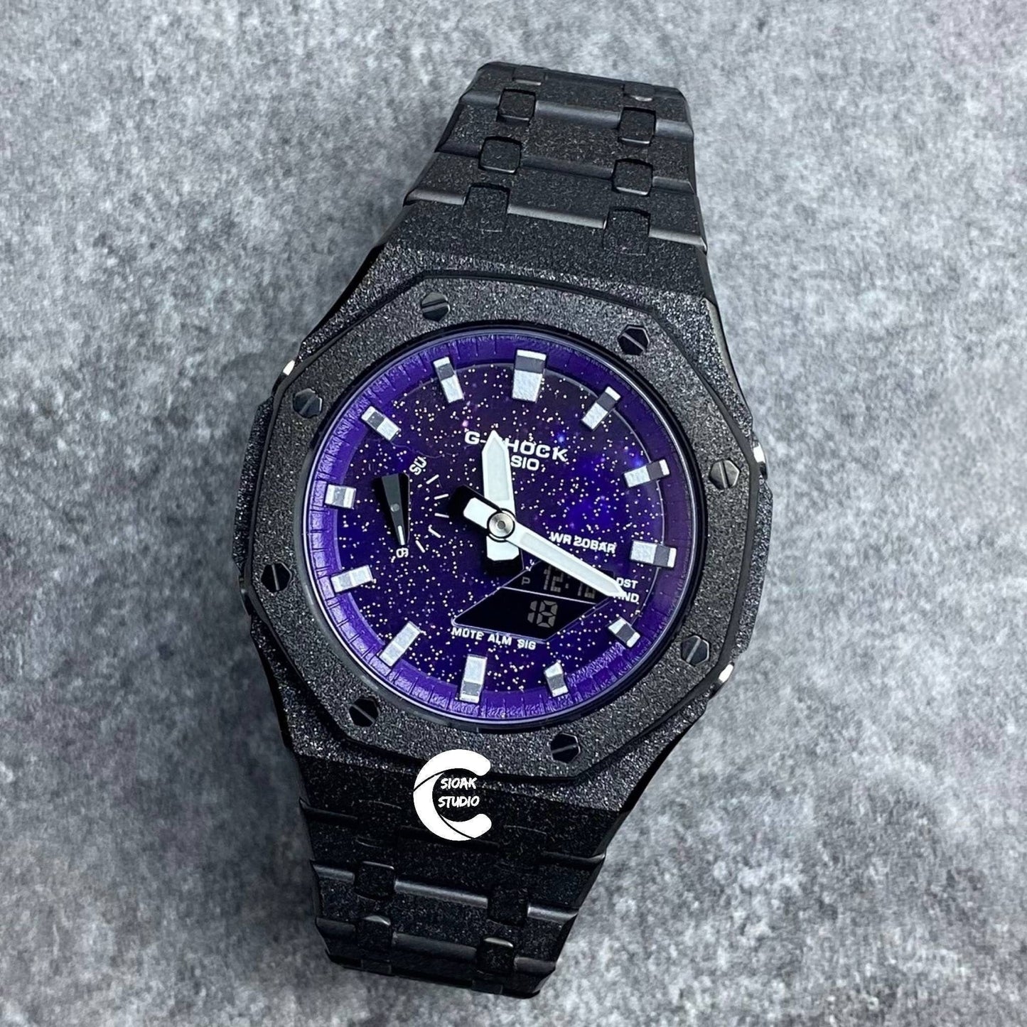 Casioak Mod Watch Frosted Black Case Metal Strap Black Silver Time Mark Purple Dial 44mm - Casioak Studio