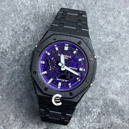 Casioak Mod Watch Frosted Black Case Metal Strap Black Silver Time Mark Purple Dial 44mm - Casioak Studio