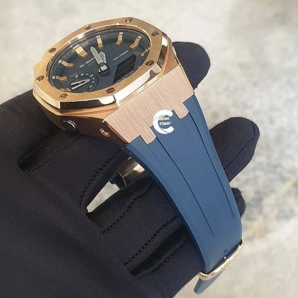 Casioak Mod Watch Rose Gold Case Blue Rubber Strap Blue Rose Gold Time Mark Blue Dial 44mm - Casioak Studio