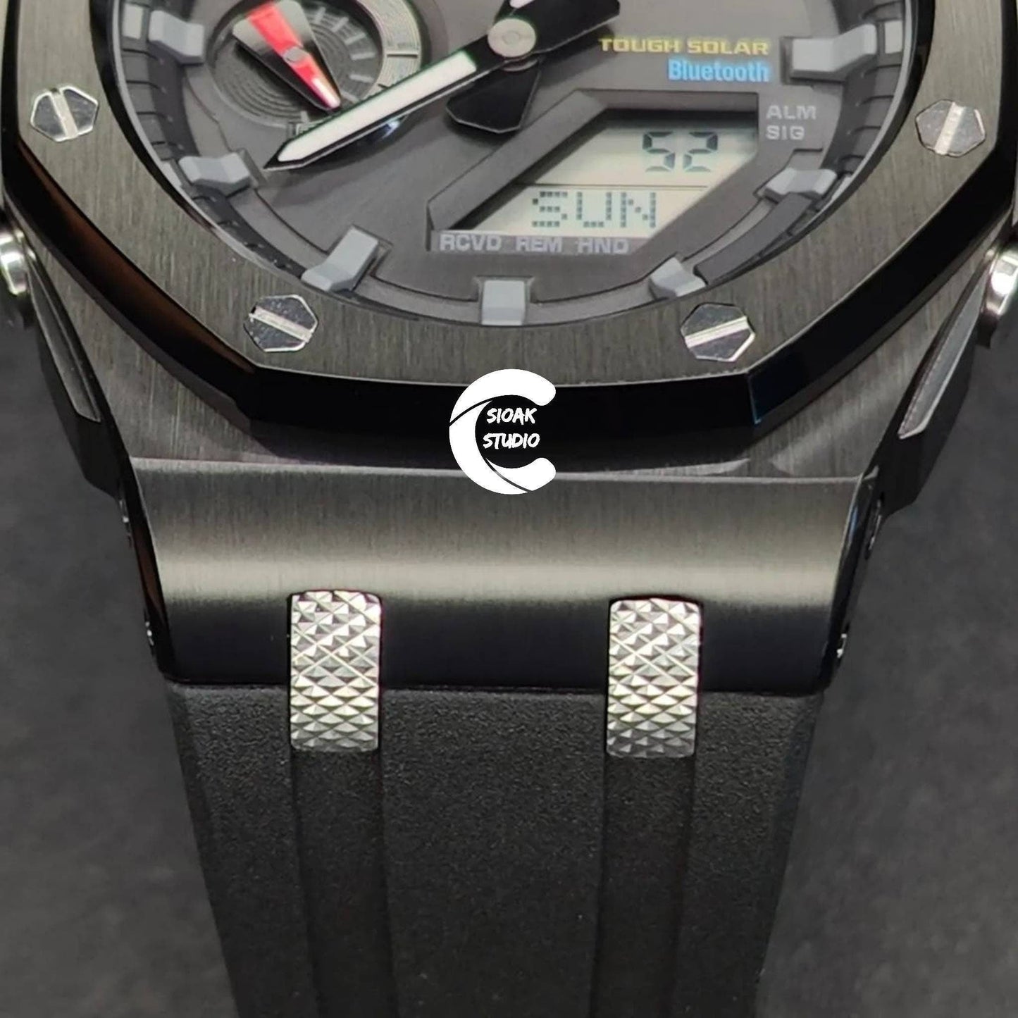 Casioak Mod Watch Solar Bluetooth Offshore Superior Black Case Black Rubber Strap Black Gray Time Mark Black Dial 44mm - Casioak Studio