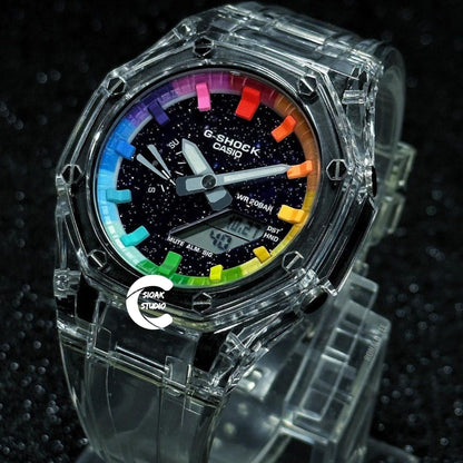 Casioak Mod Watch Transparent Case Strap Rainbow Time Mark Purple Dial 44mm - Casioak Studio