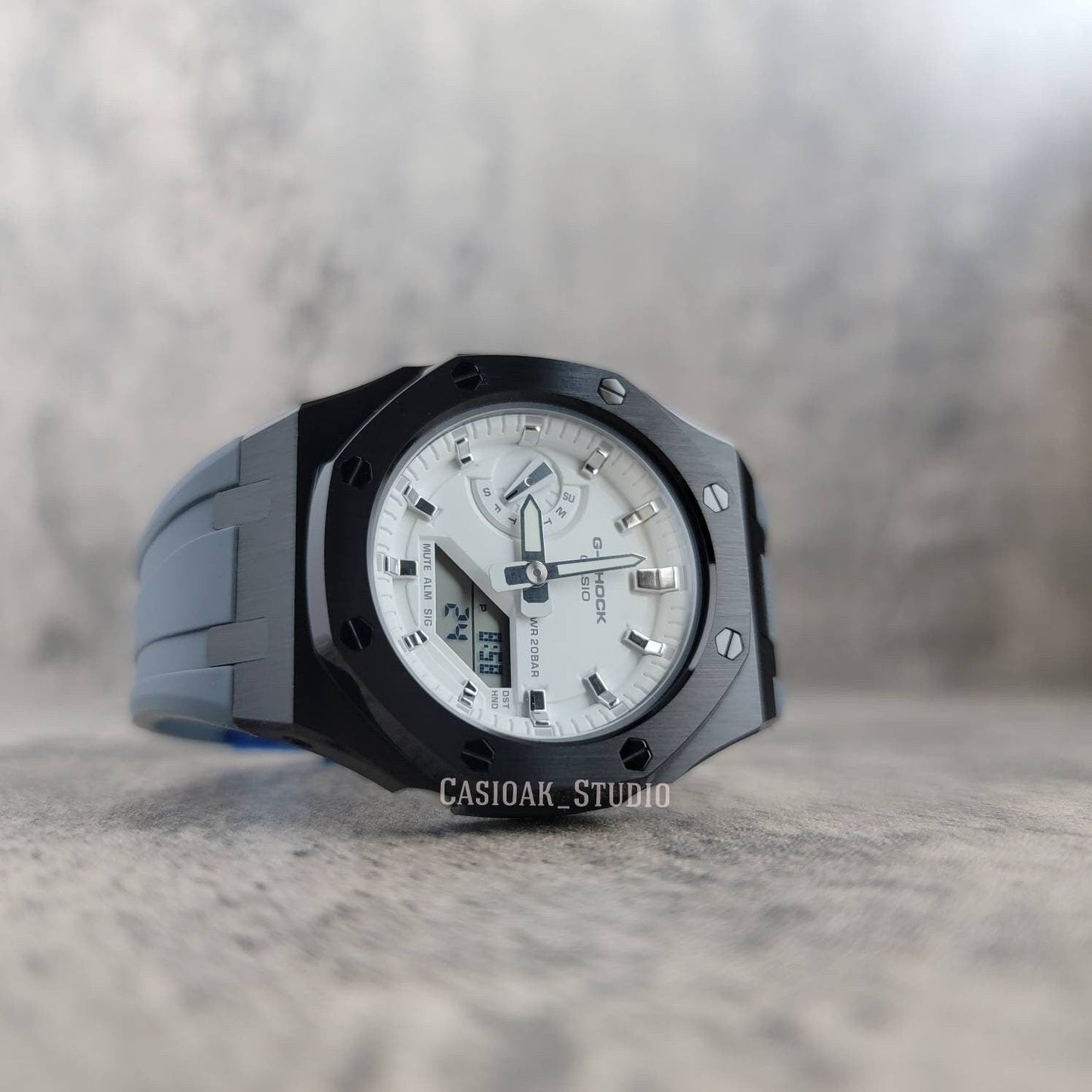 Casioak Mod Watch Black Case Gray Rubber Strap White Silver Time Mark White Dial 42mm - Casioak Studio