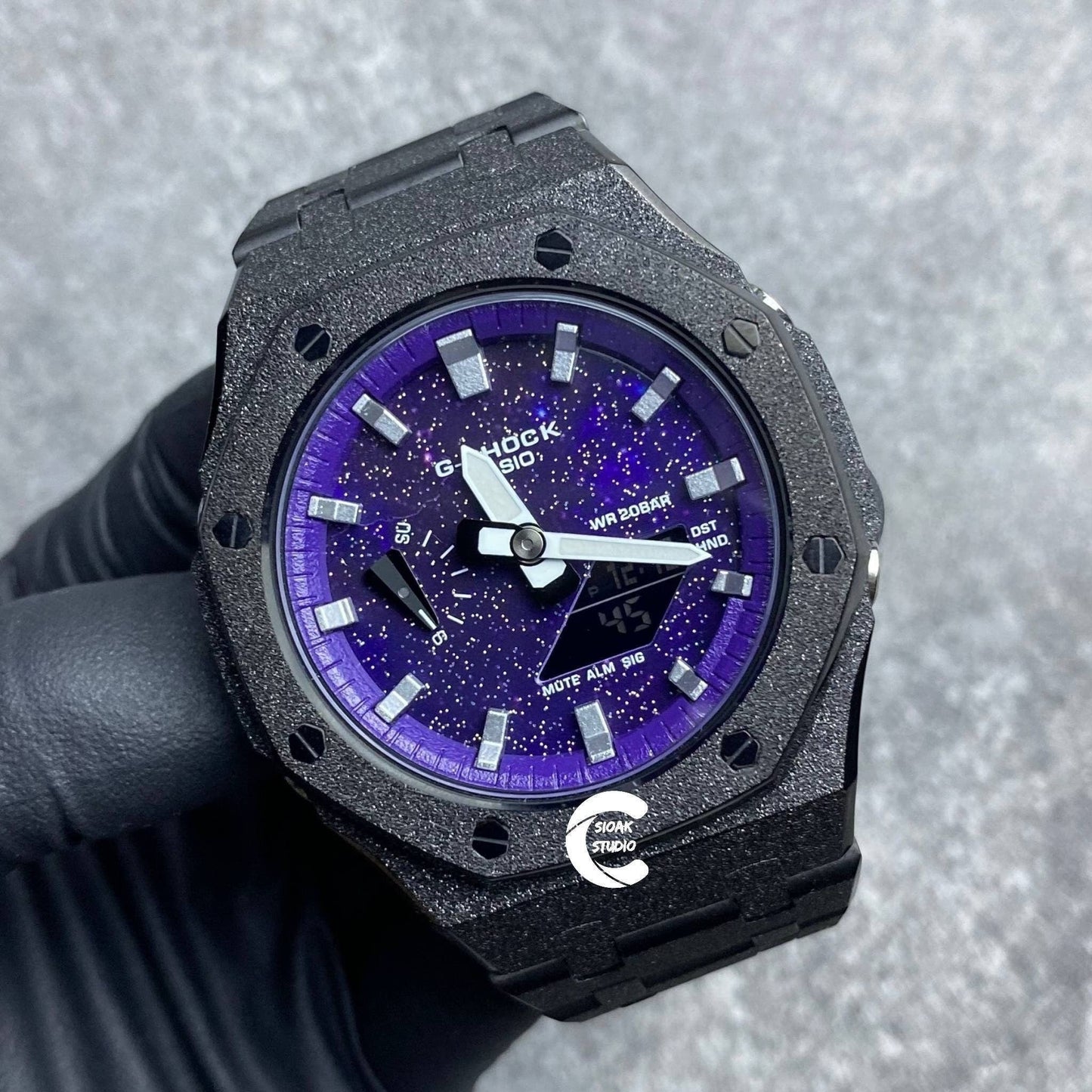 Casioak Mod Watch Frosted Black Case Metal Strap Black Silver Time Mark Purple Dial 44mm - Casioak Studio