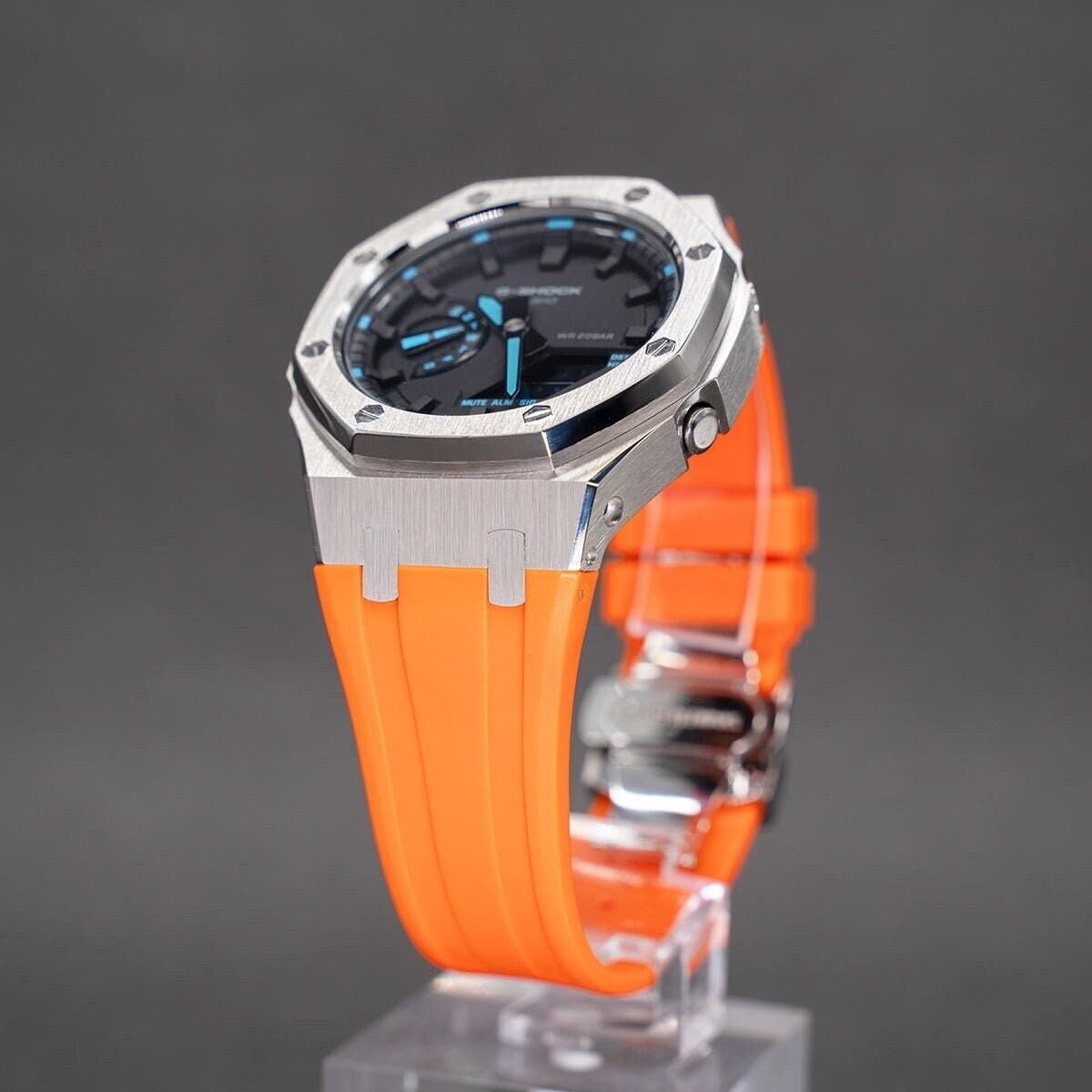 Casioak Mod Watch Silver Case Orange Rubber Strap Black Time Mark Black Dial 44mm - Casioak Studio