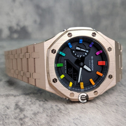 Casioak Mod Watch Rose Gold Case Metal Strap Black Rainbow Time Mark Black Dial 44mm - Casioak Studio