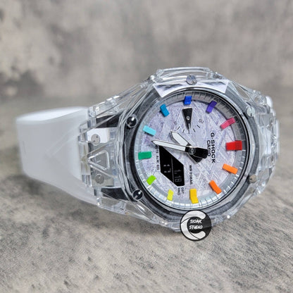 Casioak Mod Watch Transparent Case White Strap Silver Rainbow Time Mark Meteorite Dial 44mm - Casioak Studio