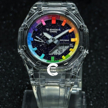 Casioak Mod Watch Transparent Case Strap Rainbow Time Mark Purple Dial 44mm - Casioak Studio