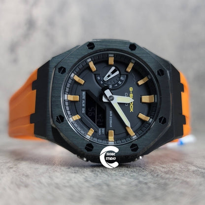 Casioak Mod Watch Black Case Orange Rubber Strap Black Gold Time Mark Black Dial 44mm - Casioak Studio