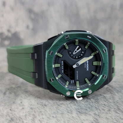 Casioak Mod Watch Offshore Superior Green Black Case Green Rubber Rubber Strap Black Green Time Mark Black Dial 44mm - Casioak Studio