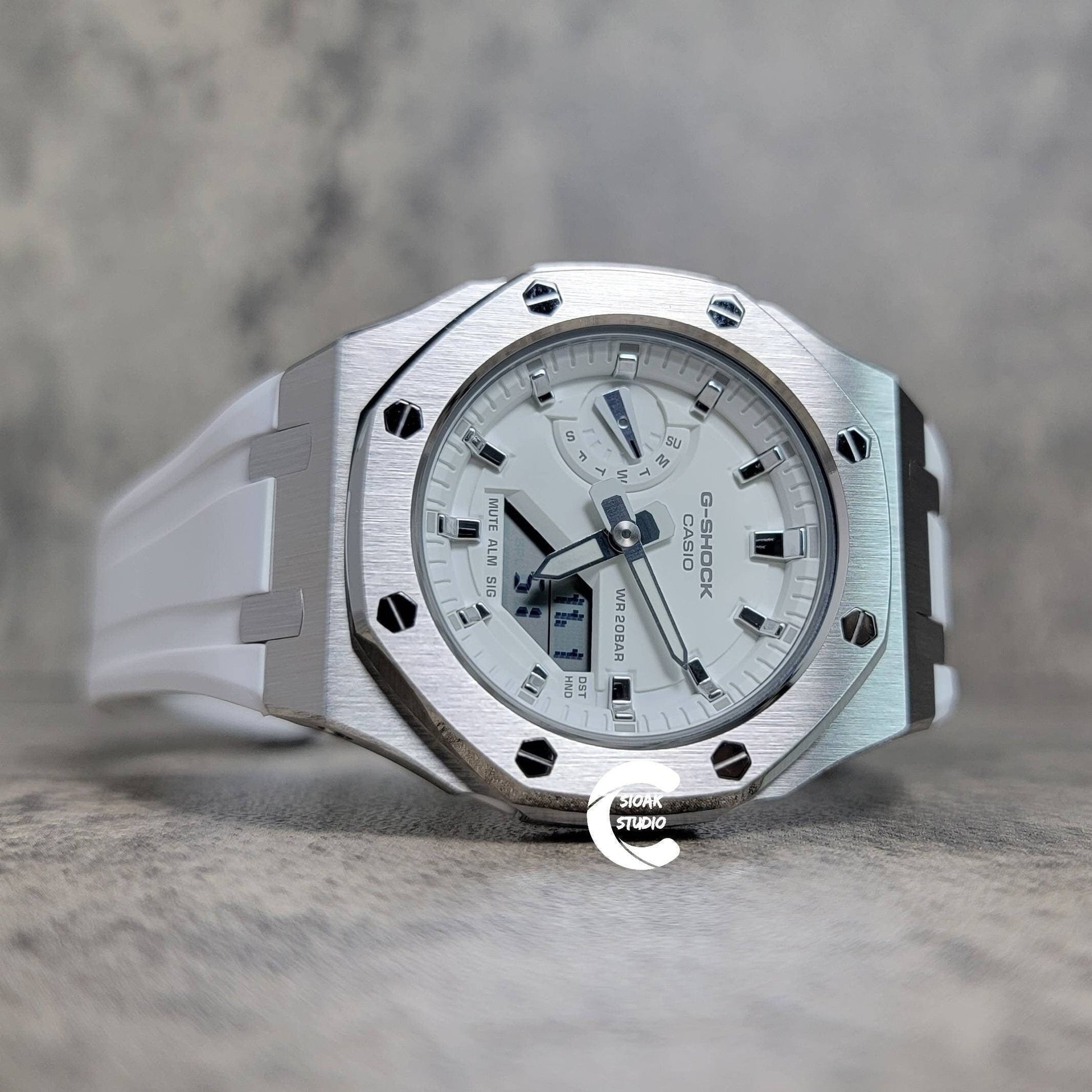 Casioak Mod Watch Silver Case White Rubber Strap White Silver Time Mark White Dial 42mm - Casioak Studio