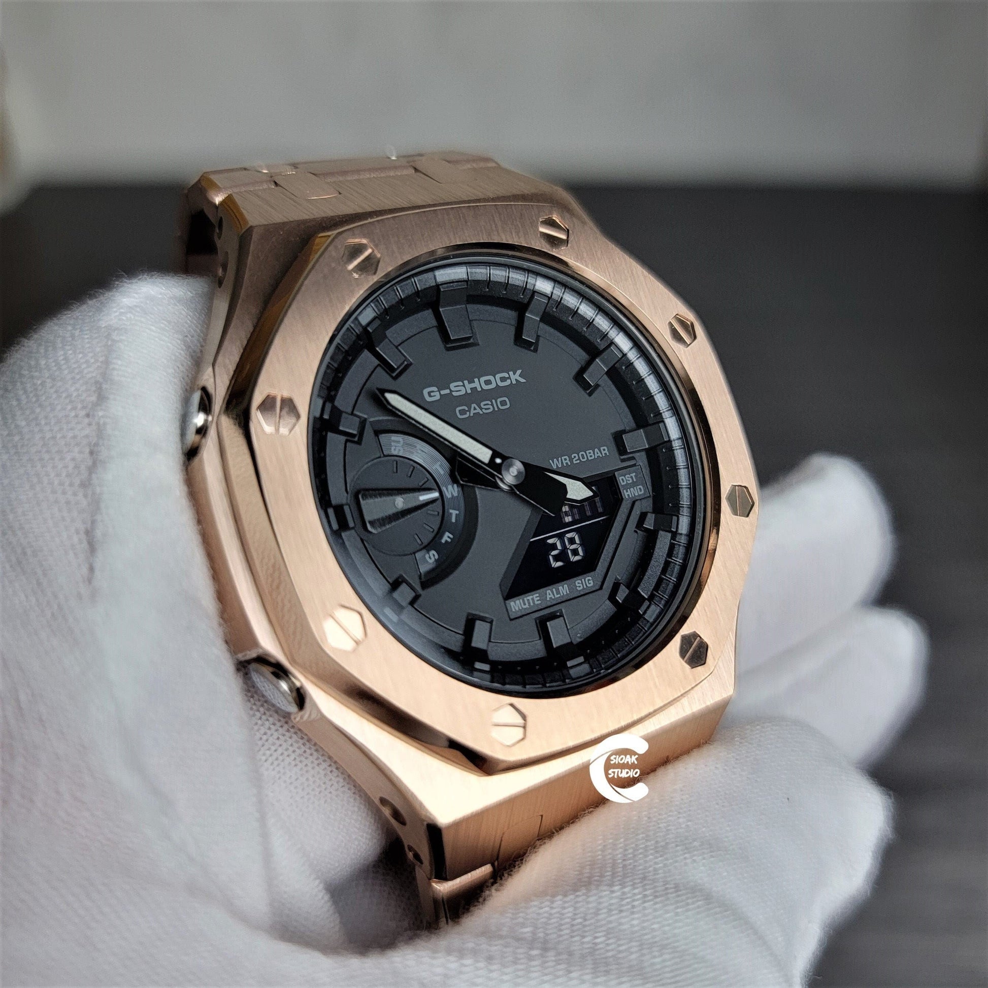 Casioak Mod Watch Rose Gold Case Metal Strap Black Time Mark Black Dial 44mm - Casioak Studio