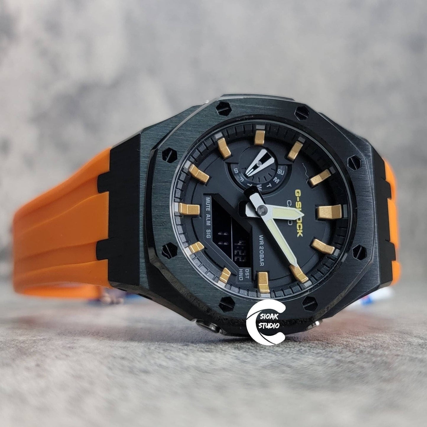 Casioak Mod Watch Black Case Orange Rubber Strap Black Gold Time Mark Black Dial 44mm - Casioak Studio