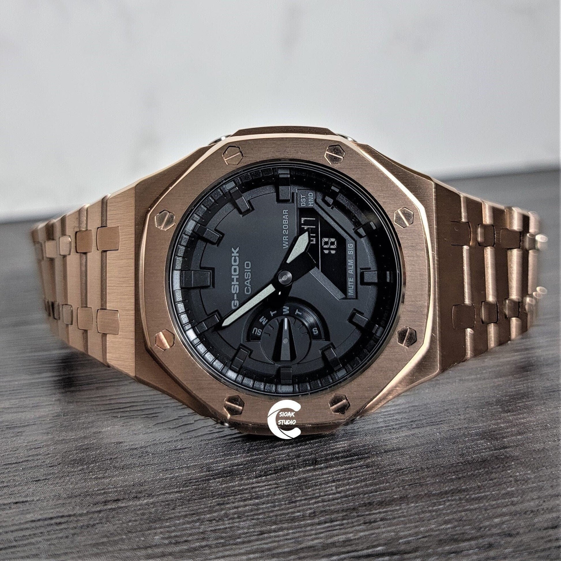 Casioak Mod Watch Rose Gold Case Metal Strap Black Time Mark Black Dial 44mm - Casioak Studio