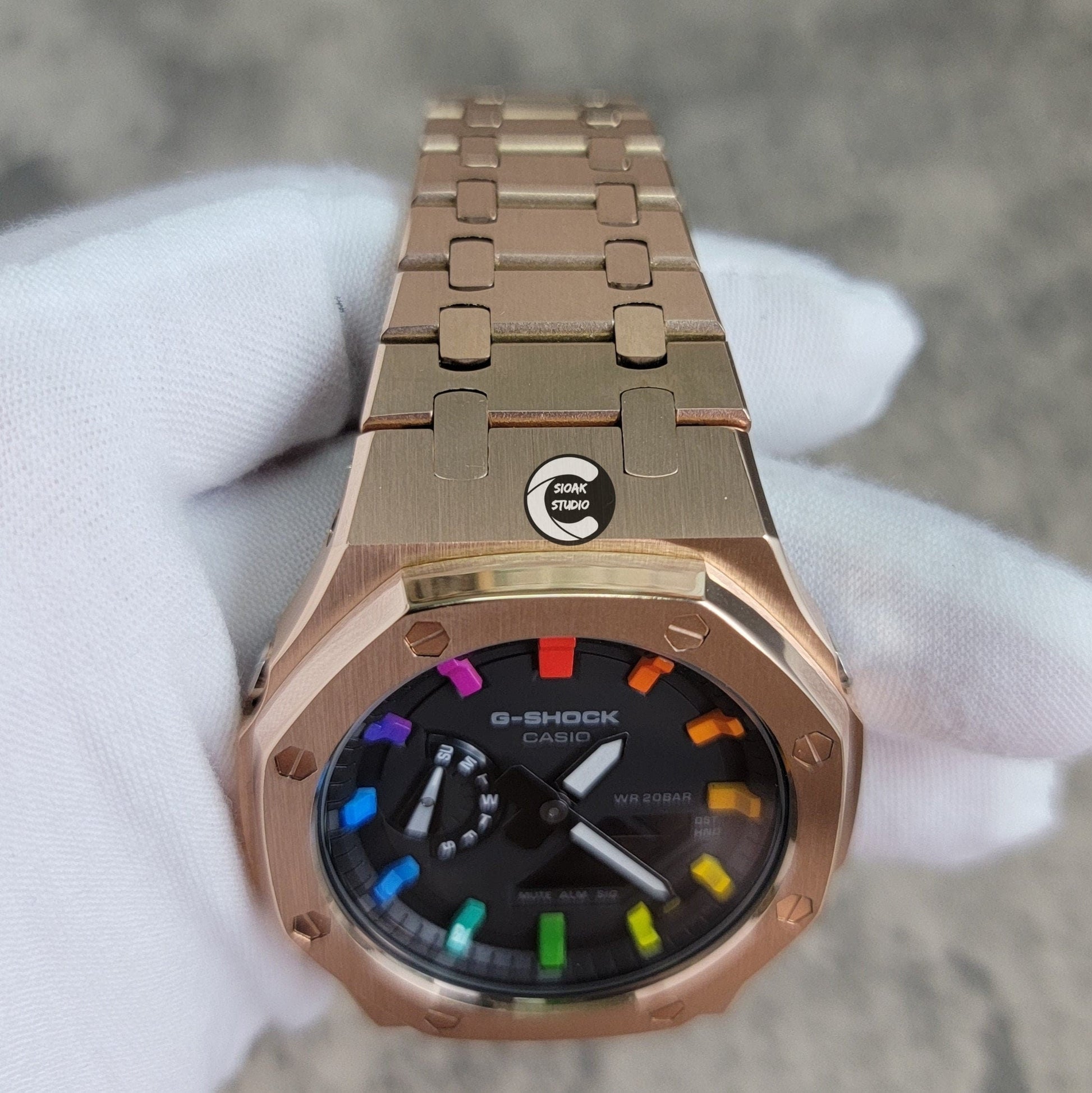 Casioak Mod Watch Rose Gold Case Metal Strap Black Rainbow Time Mark Black Dial 44mm - Casioak Studio