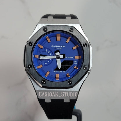 Casioak Mod Watch Silver Black Case Black Rubber Strap Blue Rose Gold Time Mark Blue Dial 44mm - Casioak Studio