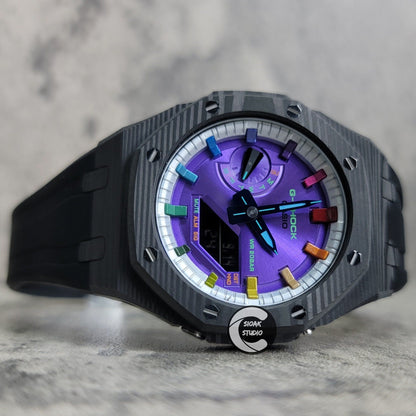 Casioak Mod Watch Carbon Fiber Black Case Black Strap Silver Rainbow Time Mark Purple Dial 44mm - Casioak Studio