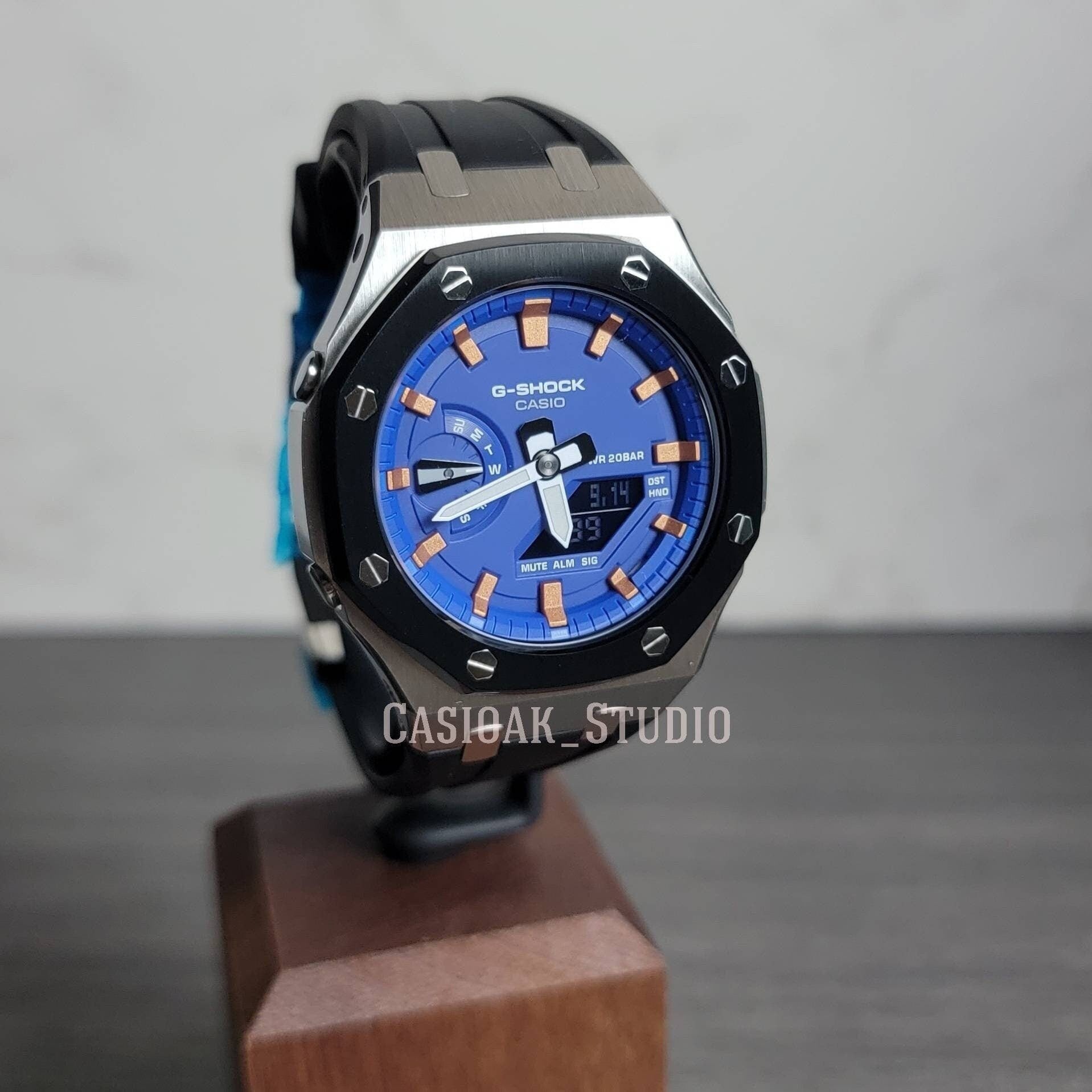 Casioak Mod Watch Silver Black Case Black Rubber Strap Blue Rose Gold Time Mark Blue Dial 44mm - Casioak Studio