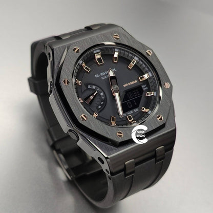 Casioak Mod Watch Offshore Superior Black Case Black Rubber Strap Black Rose Gold Time Mark Black Dial 42mm - Casioak Studio