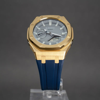 Casioak Mod Watch Gold Case Blue Rubber Strap Gray Luminous Time Mark Gray Dial 44mm - Casioak Studio