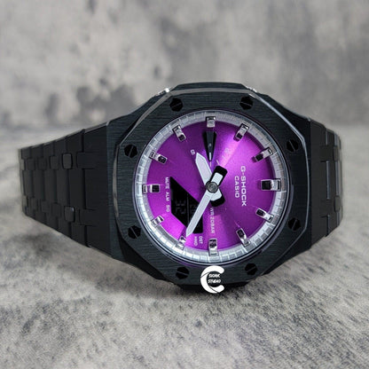 Casioak Mod Watch Black Case Metal Strap Silver Time Mark Purple Dial 44mm - Casioak Studio