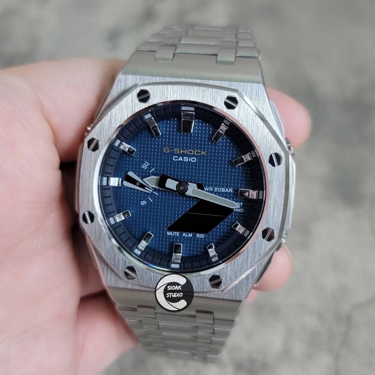 Casioak Mod Watch Offshore Superior Silver Case Metal Strap Blue Silver Time Mark Blue Waffle Dial 44mm - Casioak Studio