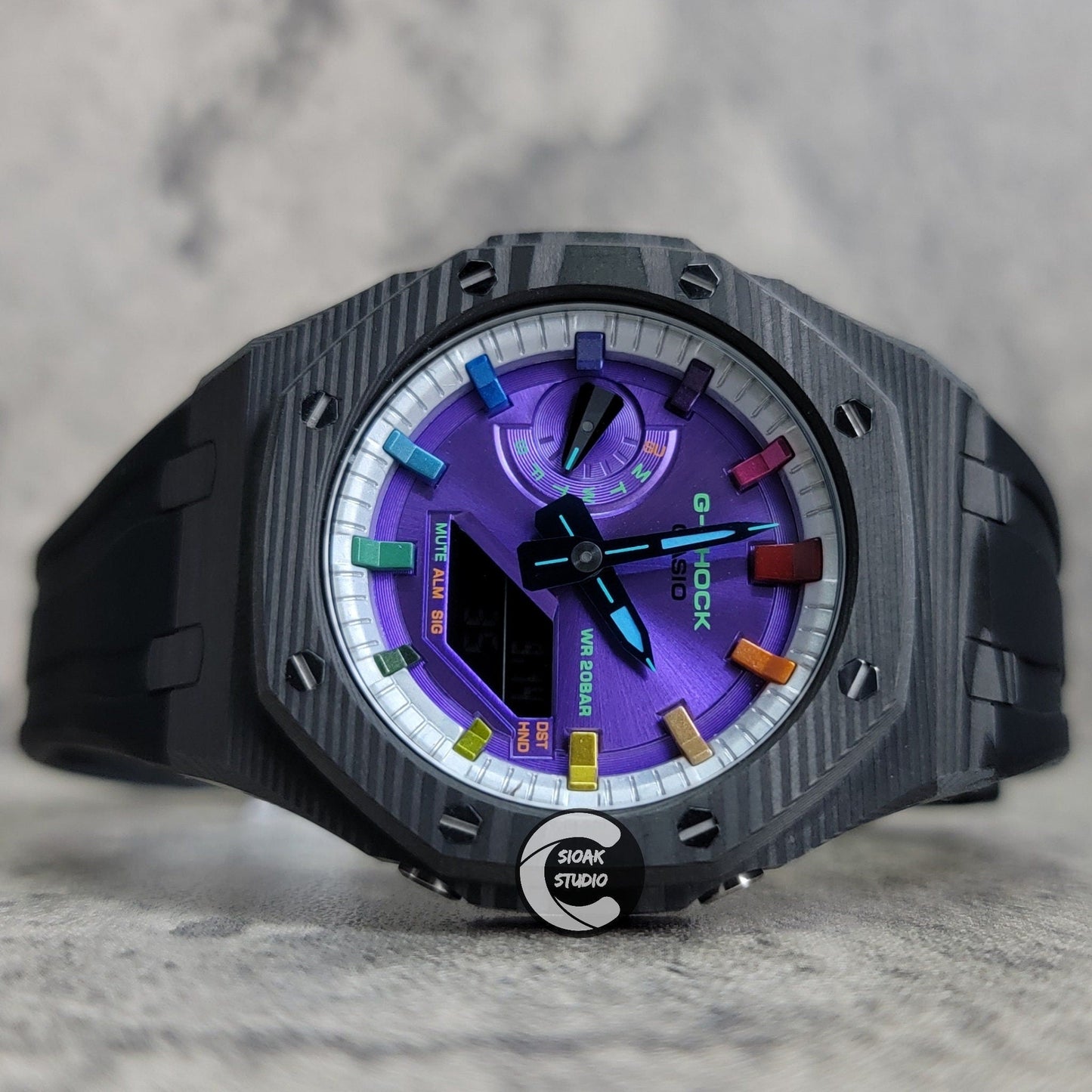 Casioak Mod Watch Carbon Fiber Black Case Black Strap Silver Rainbow Time Mark Purple Dial 44mm - Casioak Studio