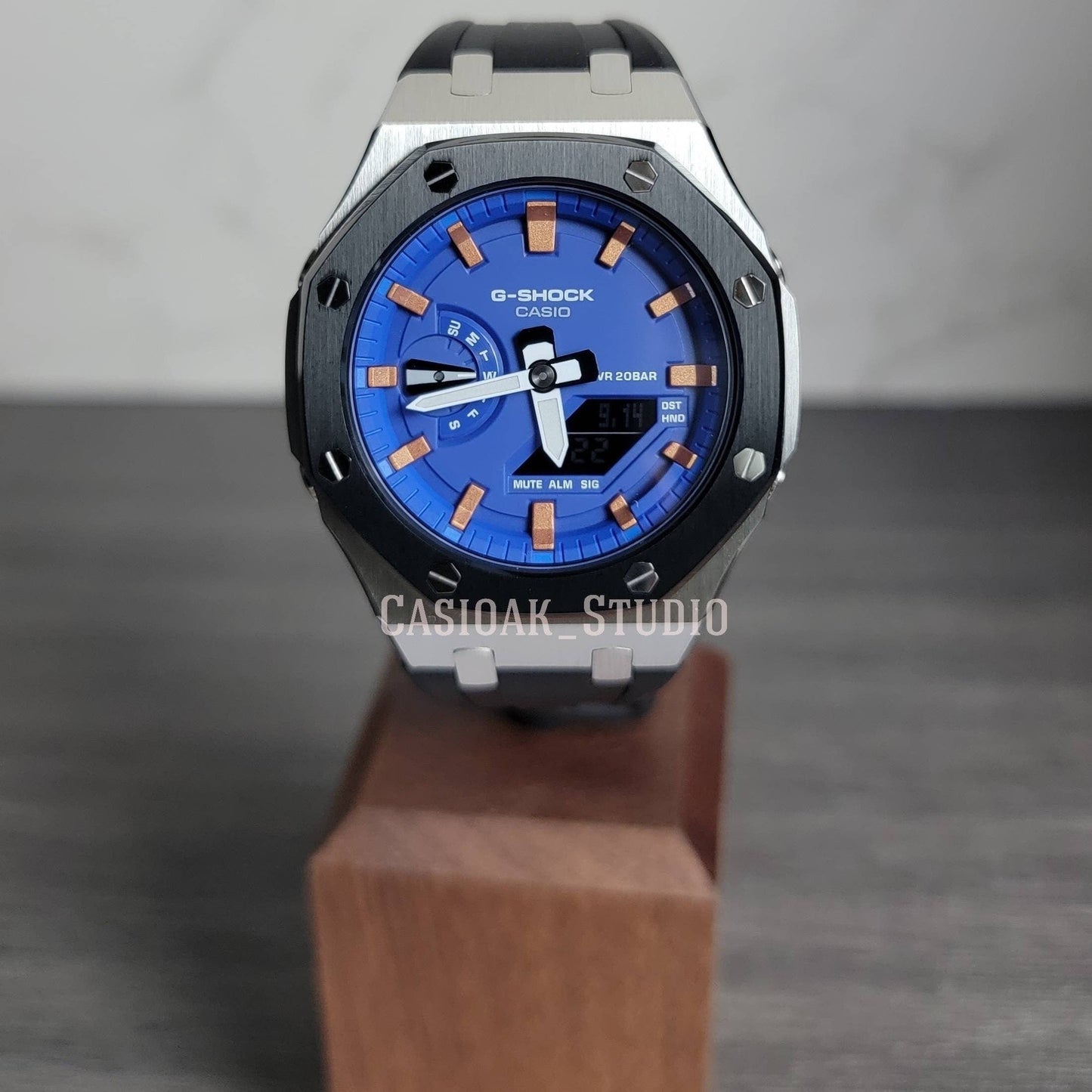 Casioak Mod Watch Silver Black Case Black Rubber Strap Blue Rose Gold Time Mark Blue Dial 44mm - Casioak Studio