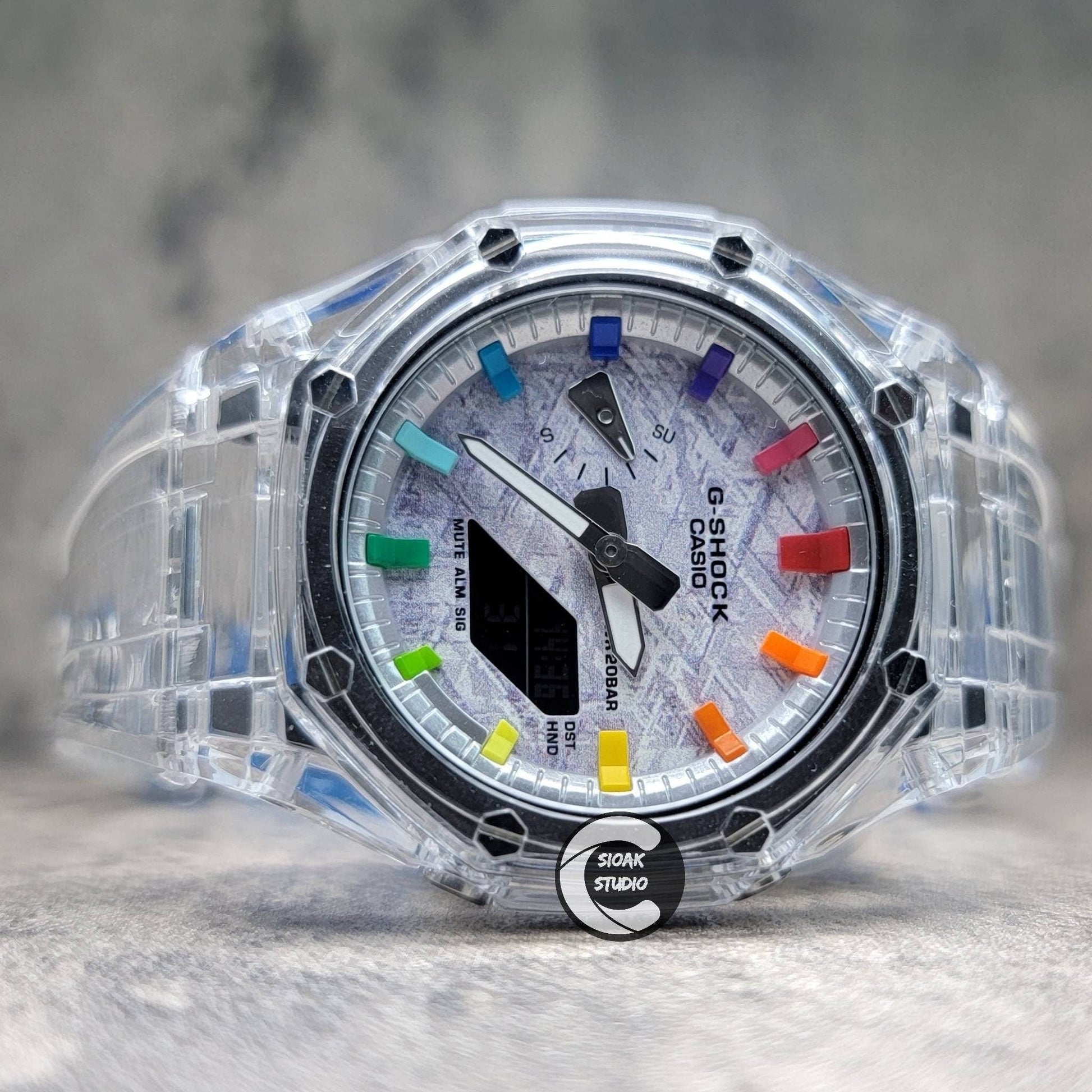 Casioak Mod Watch Transparent Case Strap Silver Rainbow Time Mark Meteorite Dial 44mm - Casioak Studio