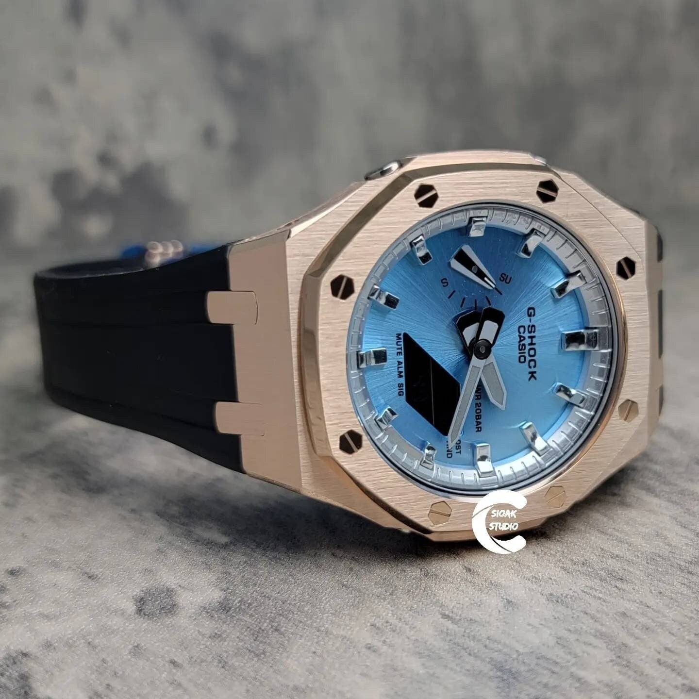 Casioak Mod Watch Rose Gold Case Black Rubber Strap Silver Time Mark Ice Blue Dial 44mm Gray - Casioak Studio