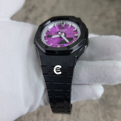 Casioak Mod Watch Black Case Metal Strap Silver Time Mark Purple Dial 44mm - Casioak Studio