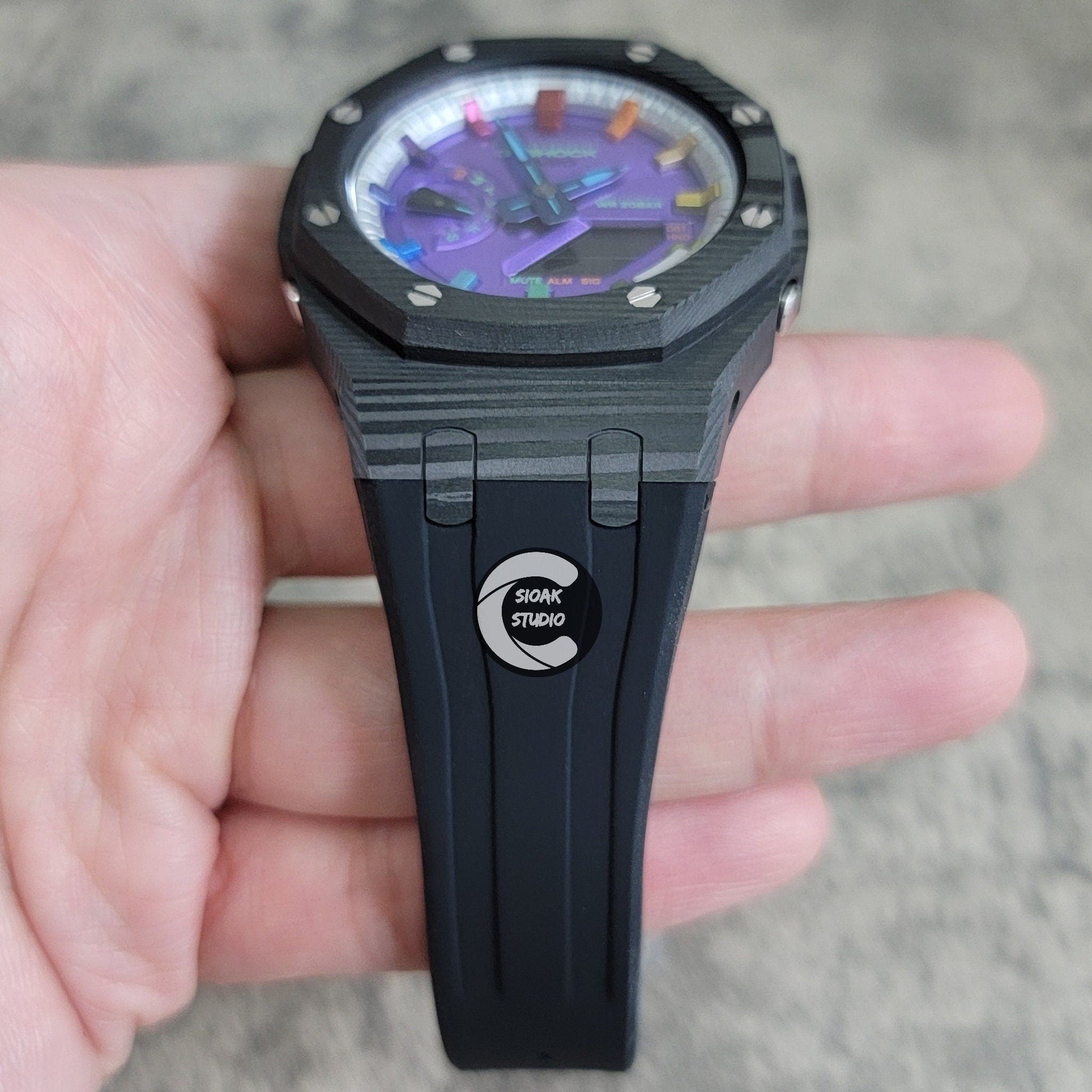 Casioak Mod Watch Carbon Fiber Black Case Black Strap Silver Rainbow Time Mark Purple Dial 44mm - Casioak Studio