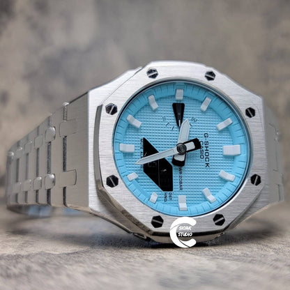 Casioak Mod Watch Silver Case Metal Strap Tiffany White Time Mark Tiffany Blue Dial 44mm - Casioak Studio