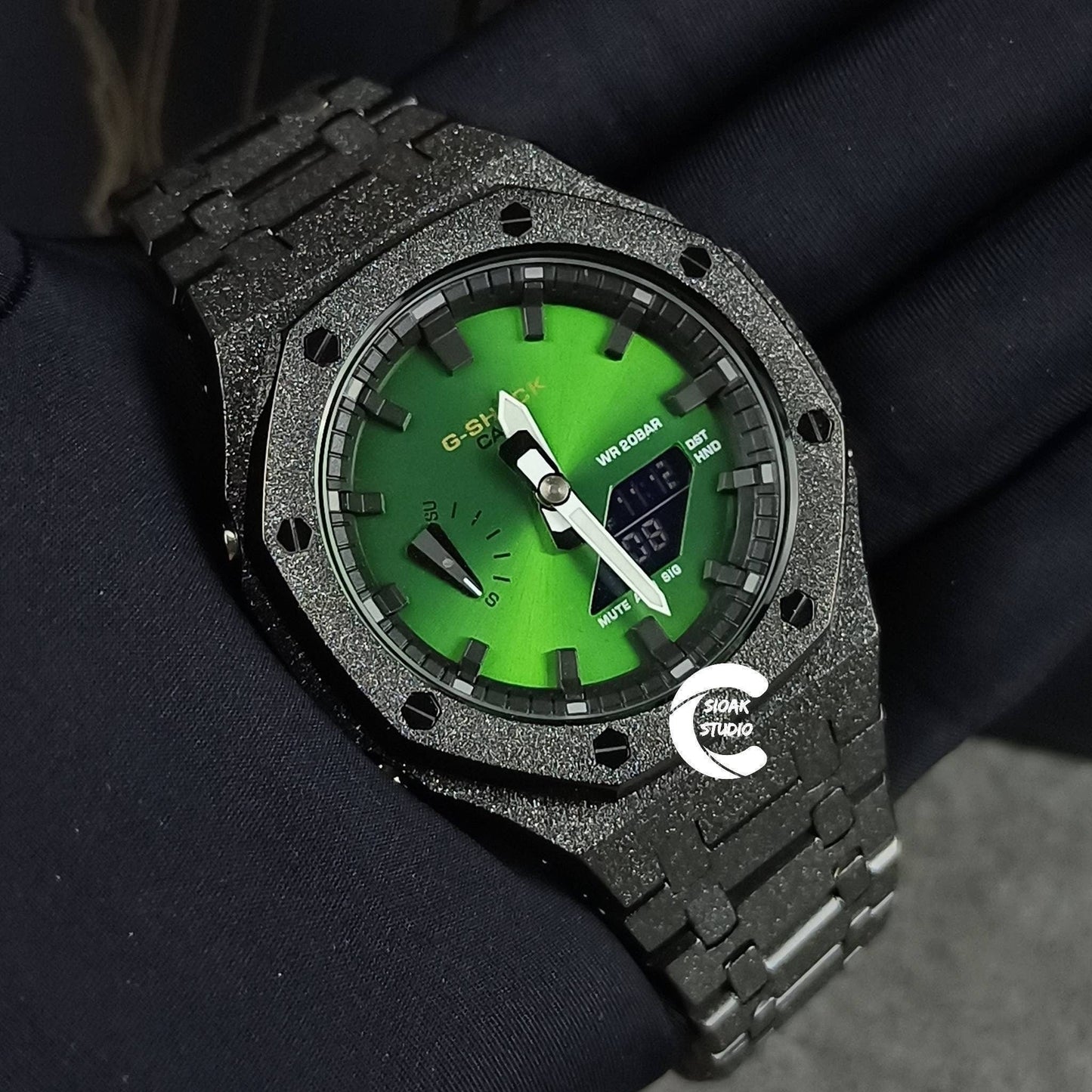 Casioak Mod Watch Frosted Black Case Metal Strap Black Time Mark Green Dial 44mm - Casioak Studio